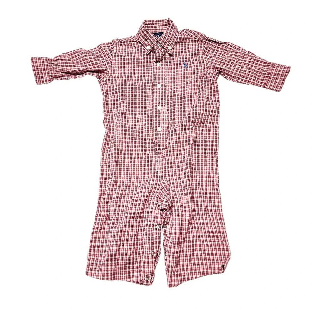 Ralph Lauren Romper Baby 12M Red Gingham Plaid Button Down One Piece‎